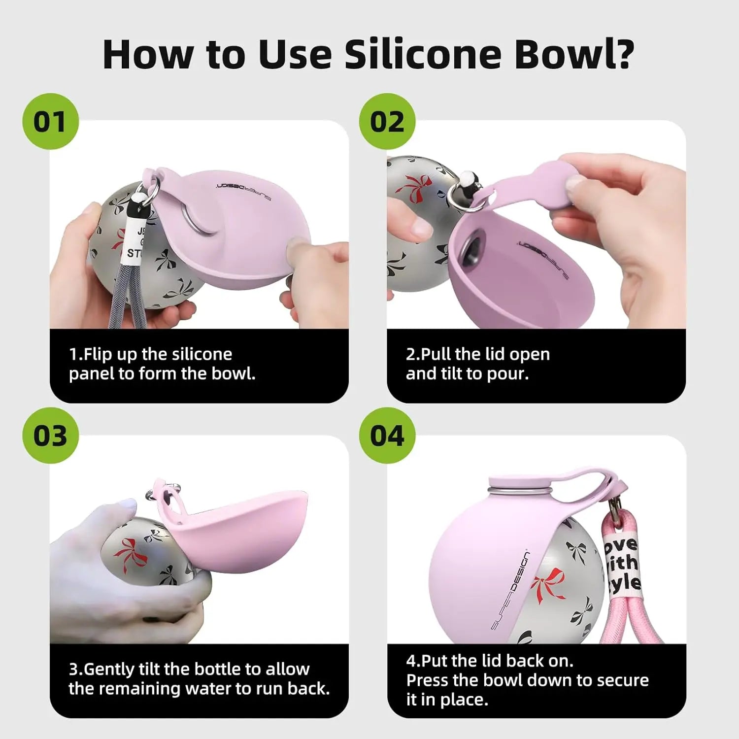 PawSip bottle open showing silicone bowl panel