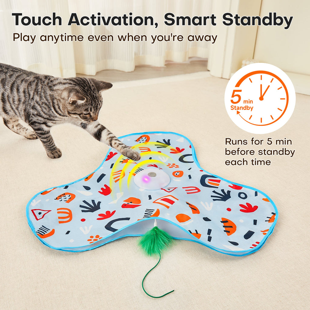 Interactive hide and seek cat toy showing 3 play modes