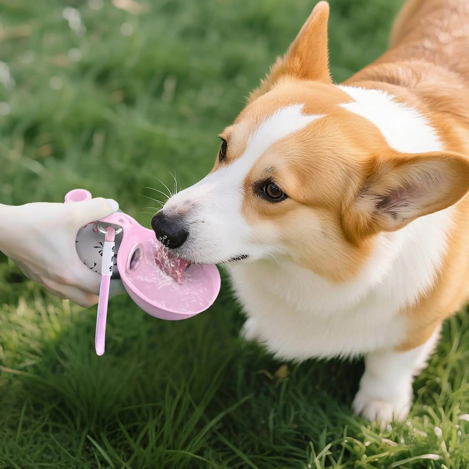 Small dog hydrating on a walk with the PawSip travel bottle