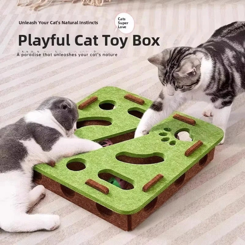 Mind Maze Felt Puzzle Box for cats – front view with jingle balls